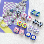 Hand Painted Square Acrylic Beads 14mm Flower Plaid Design 2pcs 2