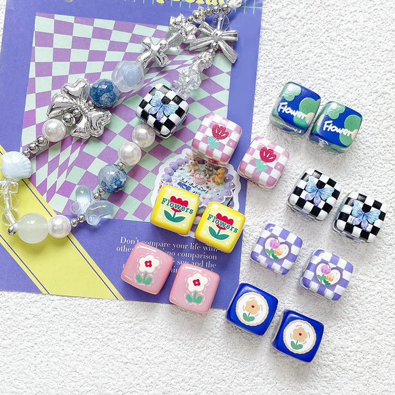 Hand Painted Square Acrylic Beads 14mm Flower Plaid Design 2pcs 2