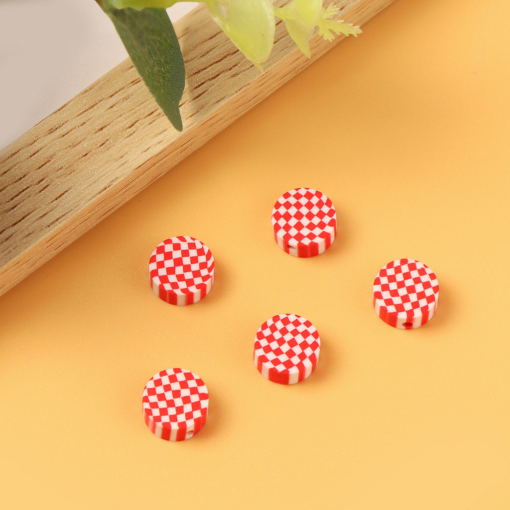 Flat Clay Beads 9mm Red Checkered Pattern Polymer 100pcs 3