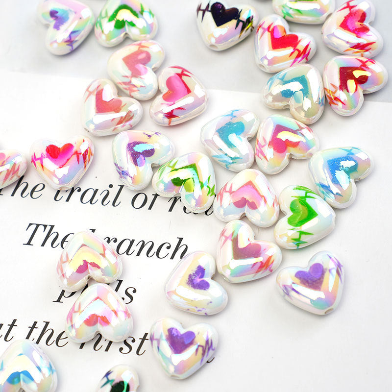 UV Plating Heart Acrylic Beads 17mm Two-Color ECG Pattern 50pcs 4