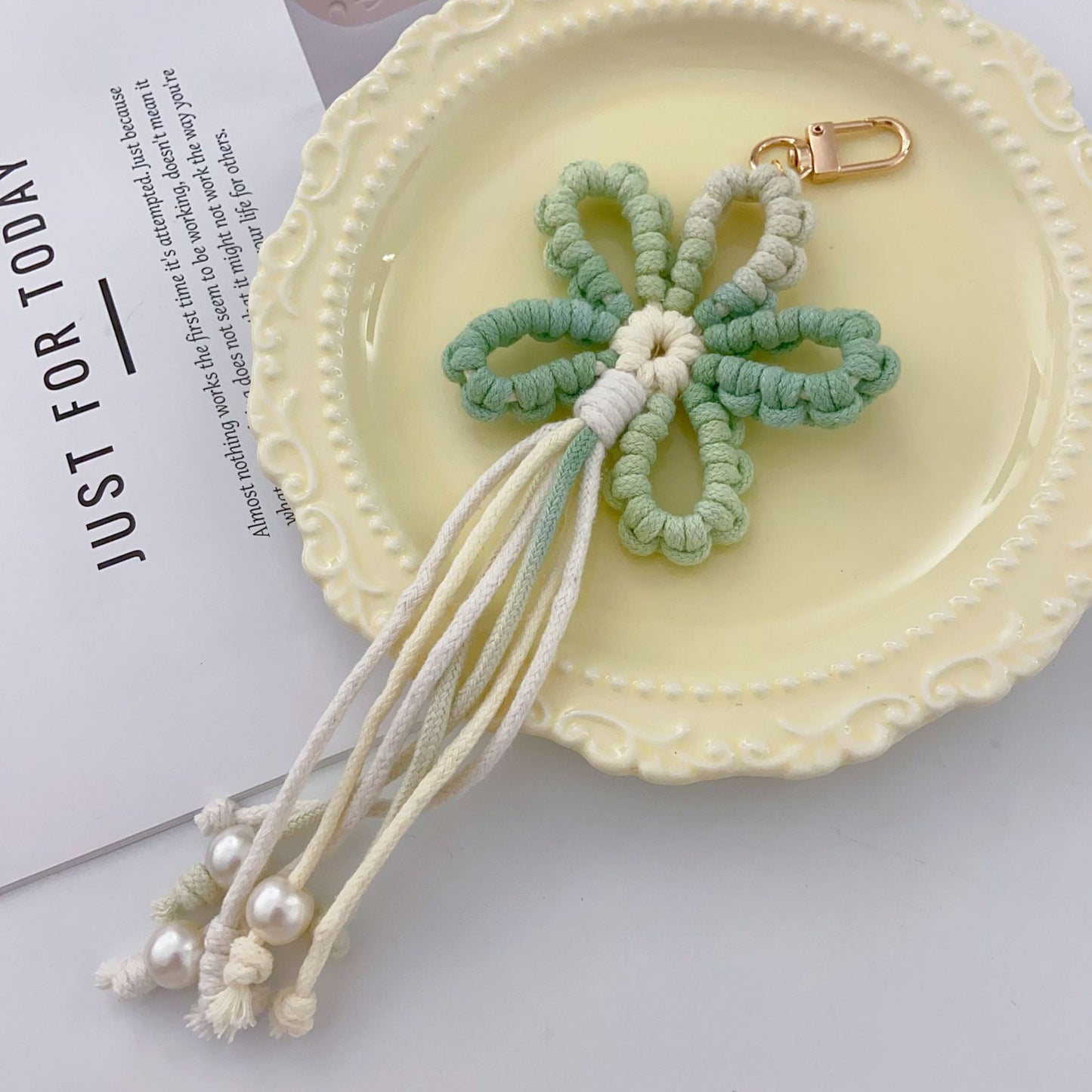 Crochet Flower Keychain Variegated Cotton Cord Pearl Tassels 24cm 10