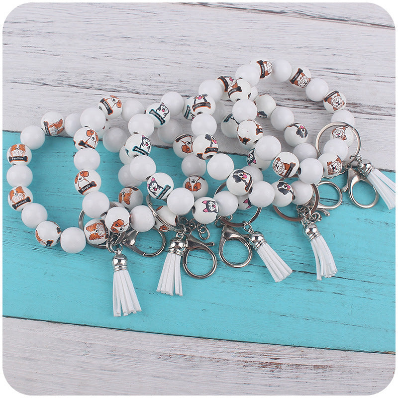 Wooden Dog Silicone Bead Tassel Wristlet Keychain Pomeranian Husky Beagle Bulldog 2
