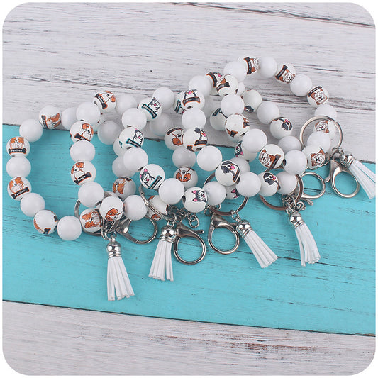 Wooden Dog Silicone Bead Tassel Wristlet Keychain Pomeranian Husky Beagle Bulldog 2