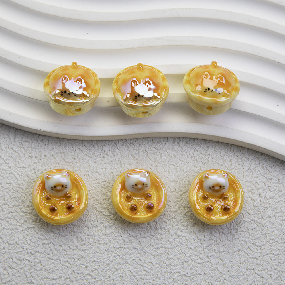 Egg Tart Kitten Resin Beads 23mm Glossy Animal Design 20pcs