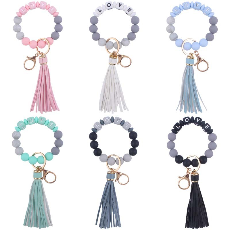 Silicone Bead LOVE Wristlet Keychain with Tassel Charm
