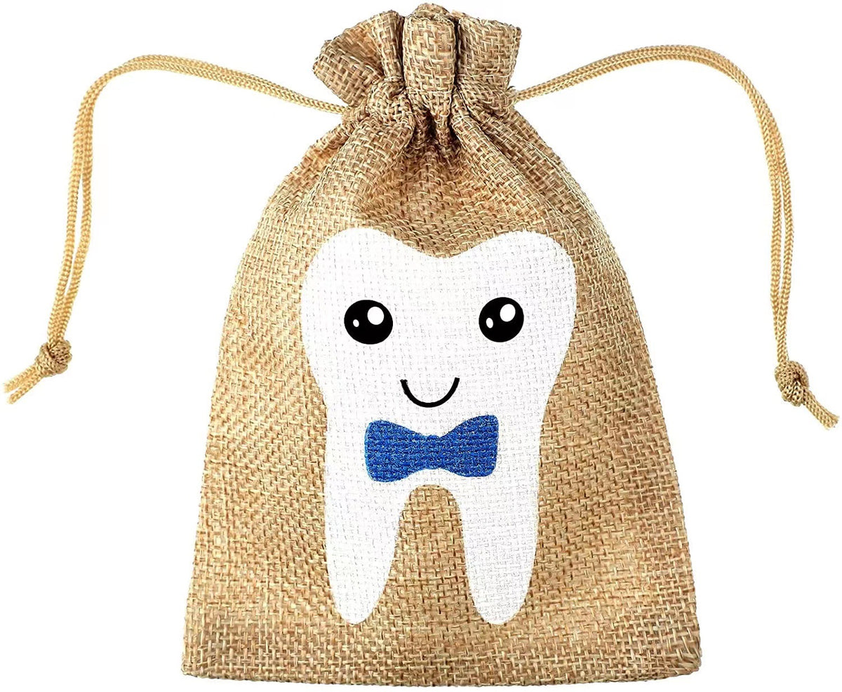 Cotton Linen Drawstring Cloth Bags Tooth Pattern 9.5x13.5cm 2pcs 5