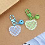Acrylic Heart Keychain Vibrant Love Grid Checkerboard with Bell Charm 4