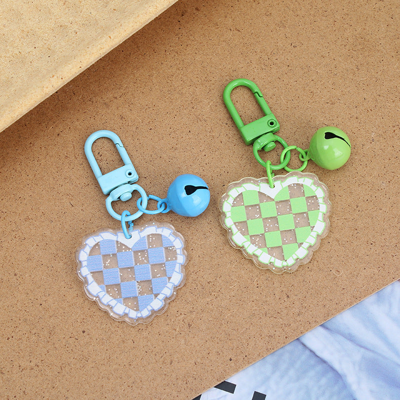 Acrylic Heart Keychain Vibrant Love Grid Checkerboard with Bell Charm 4
