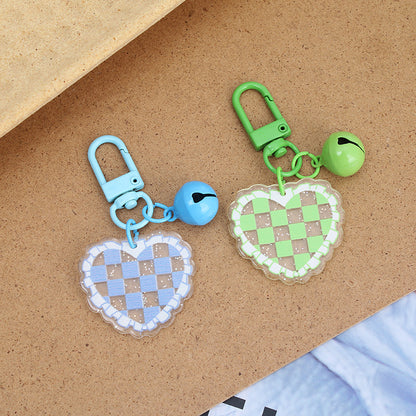 Acrylic Heart Keychain Vibrant Love Grid Checkerboard with Bell Charm 4