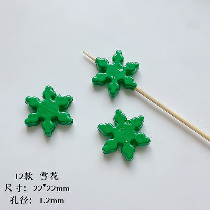 Hand Painted Christmas Acrylic Beads Glossy Green Bells Snowflakes 1pc 13