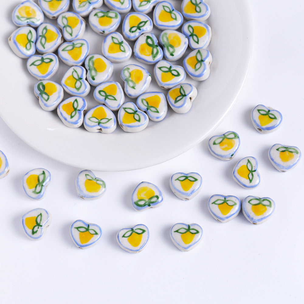 Hand Painted Heart Ceramic Beads 14mm Floral Pattern 5pcs 4