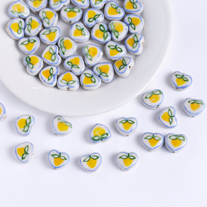 Hand Painted Heart Ceramic Beads 14mm Floral Pattern 5pcs 4