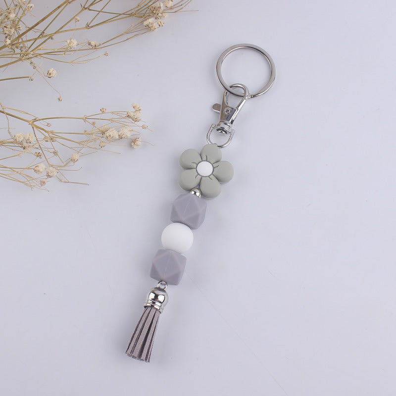 Flower Silicone Bead Keychain Colorful Floral Tassel Charm 12