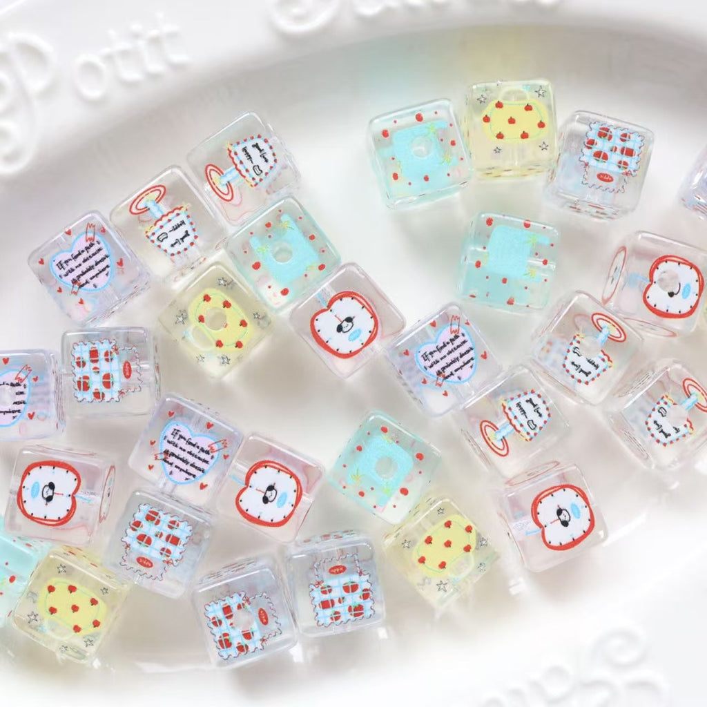 Clear Square Acrylic Beads 14mm Pastel Printed Designs 20pcs 4