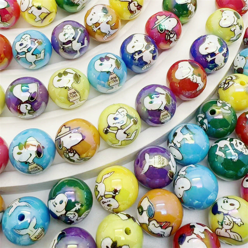 Plated Round Acrylic Beads 16mm UV Plating Snoopy Design 50pcs