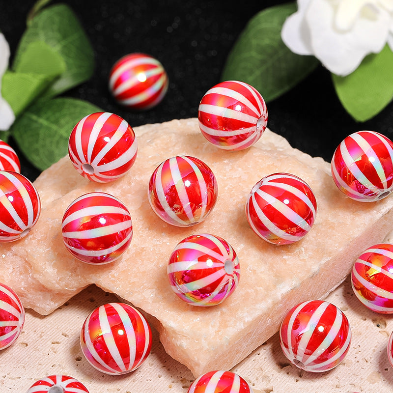 UV Plating Acrylic Beads 16mm Christmas Red and White Striped 50pcs