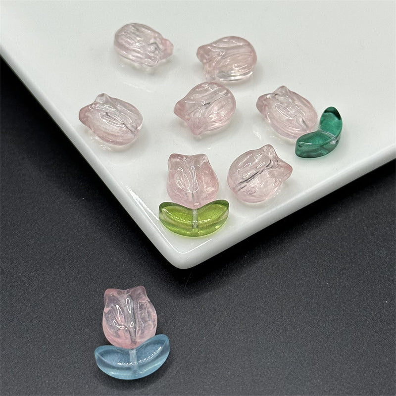 Tulip Transparent Glass Beads 12mm Pink Green Floral 100pcs 6