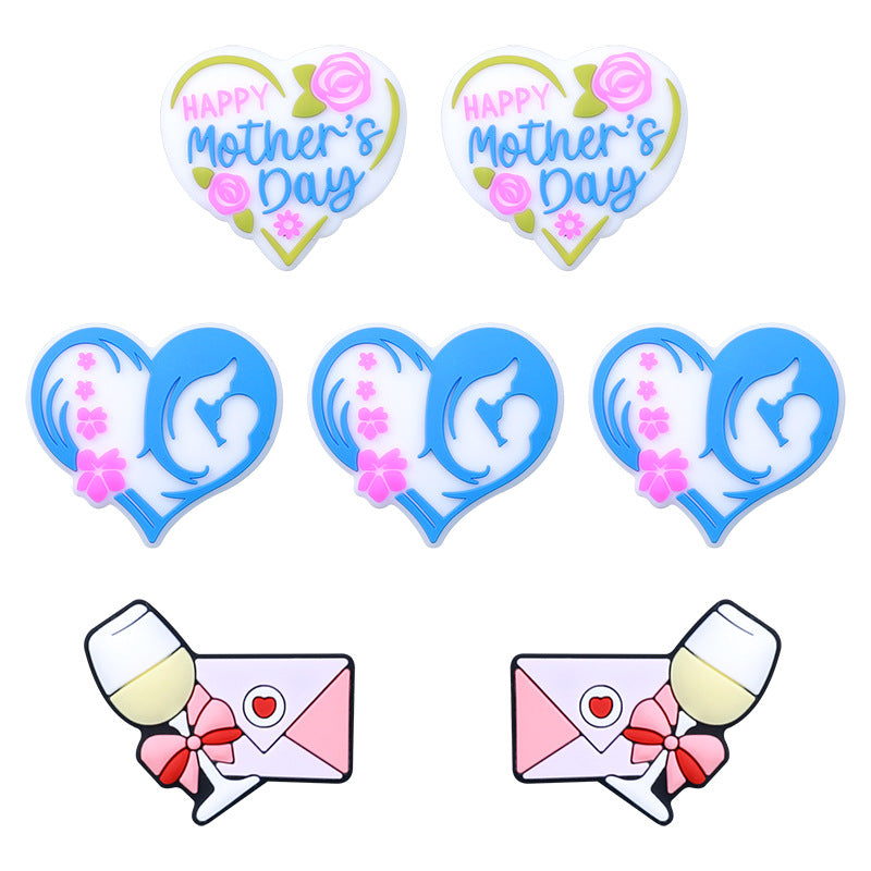 Silicone Focal Beads Mother's Day Heart Holding Child Envelope with Wine Glass 20pcs