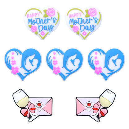 Silicone Focal Beads Mother's Day Heart Holding Child Envelope with Wine Glass 20pcs