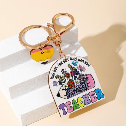 Wood Teacher Keychain Set Rainbow Apple Pencil Bouquet 2pcs 3