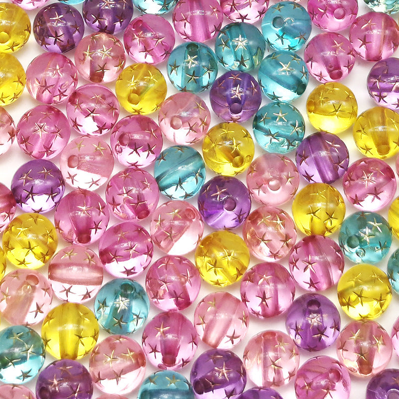 Frosted Round Acrylic Beads 8-10mm Transparent Gold Star 100pcs 9