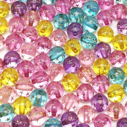 Frosted Round Acrylic Beads 8-10mm Transparent Gold Star 100pcs 9