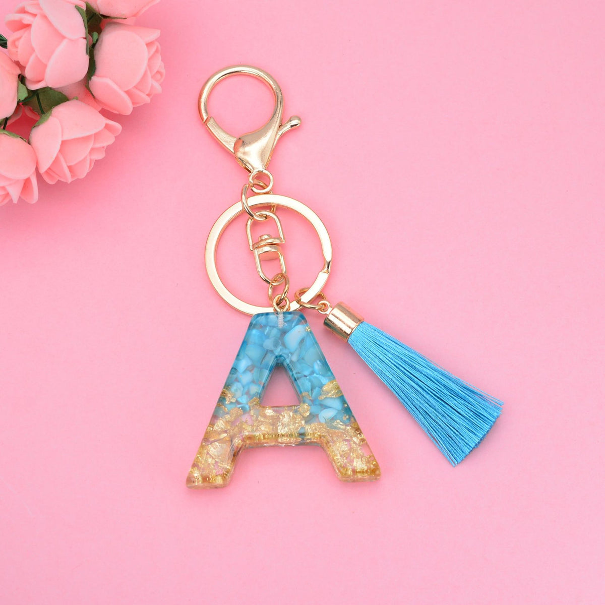 Blue Resin Tassel Monogram Keychain with Gold Flake Accent 29