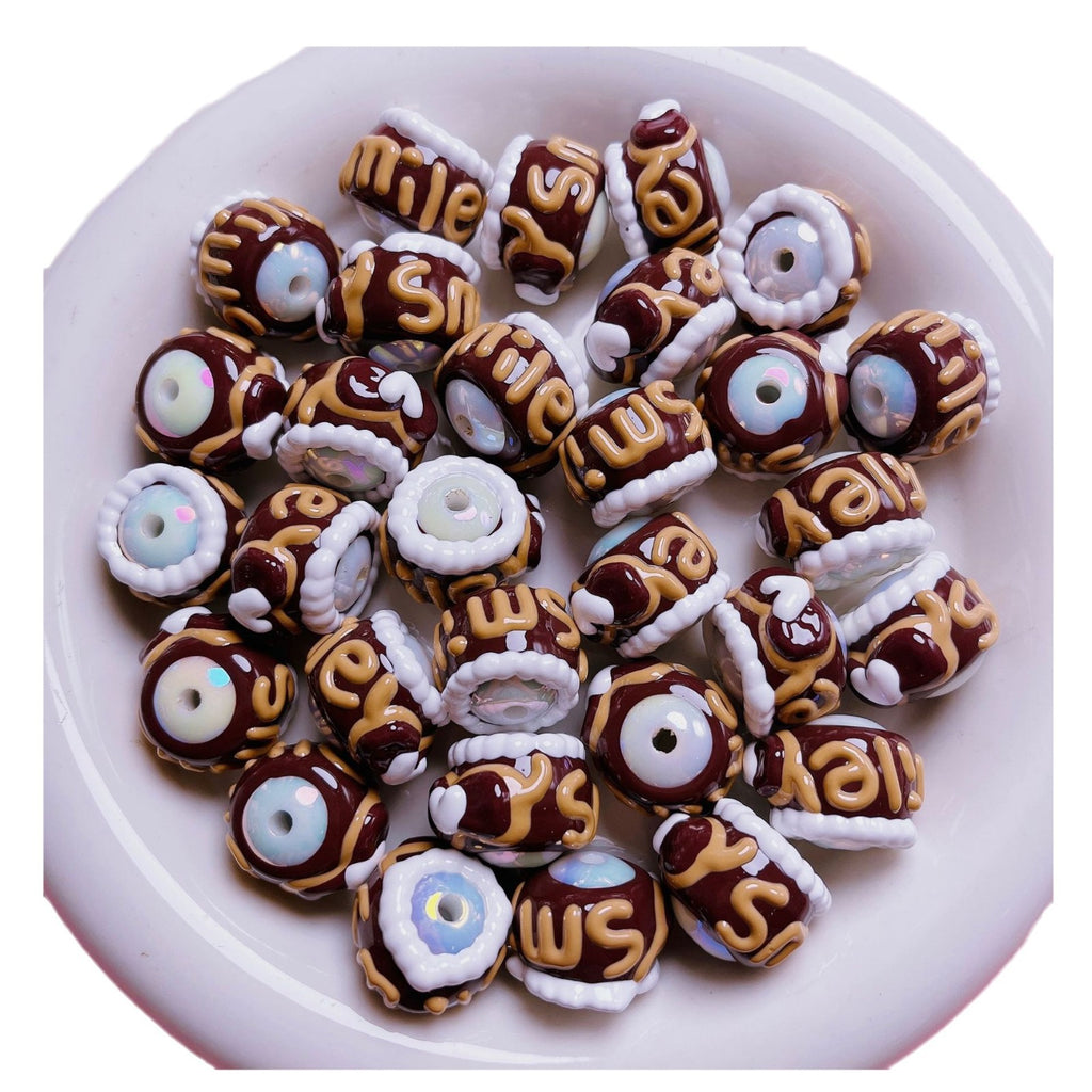 Hand-Painted Cake Acrylic Beads 16mm Glossy Brown Swirls 5pcs 5