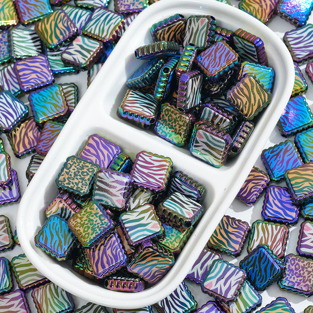 Plating Square Acrylic Beads 18mm Leopard Lace Pattern 10pcs 3
