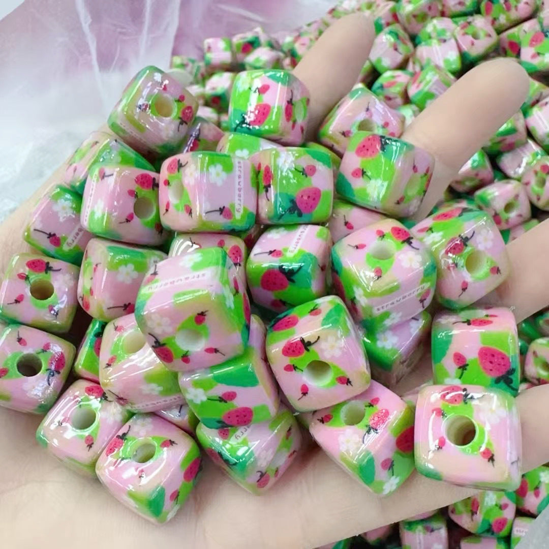 Pink Strawberry Printed Acrylic Square Beads 14mm 50pcs 8