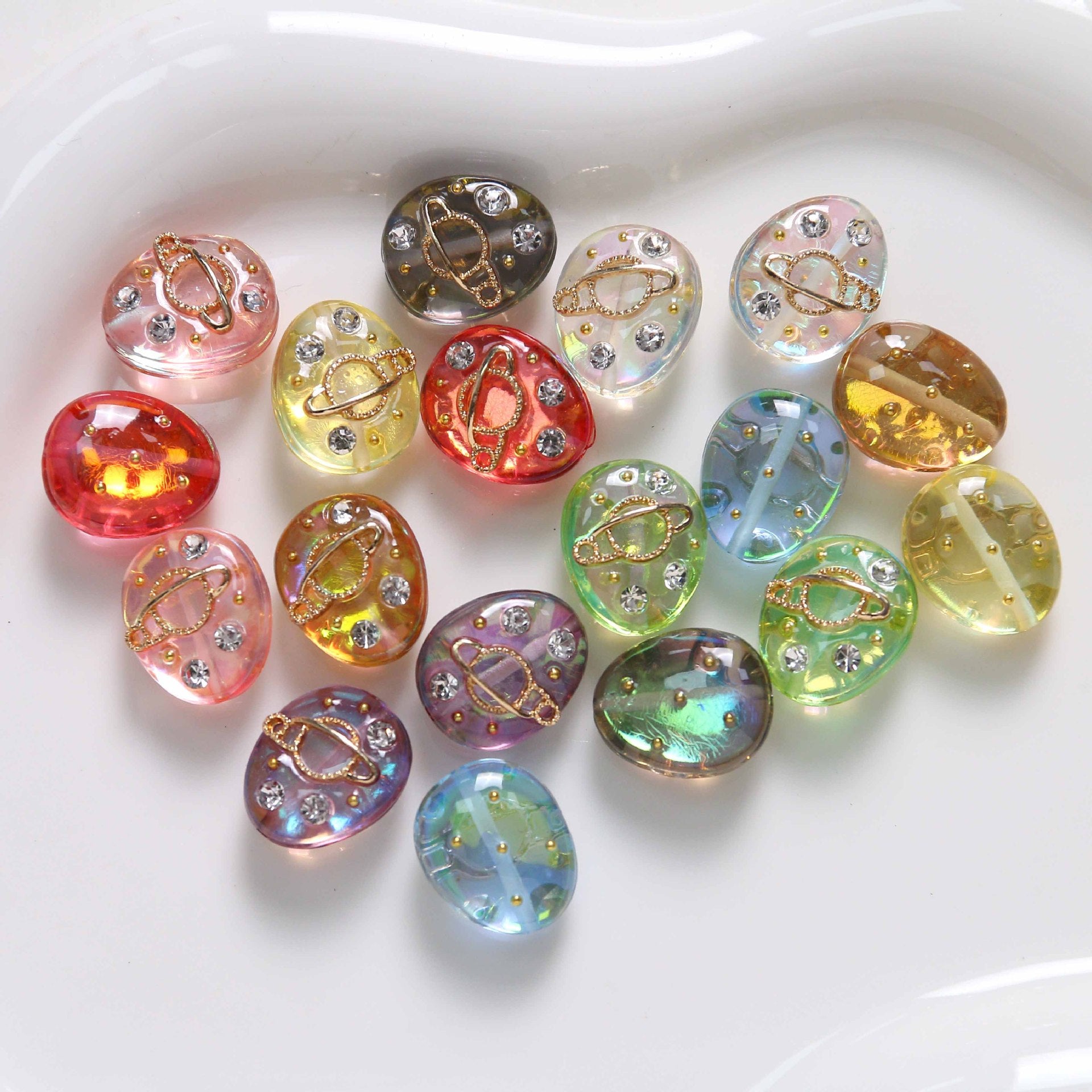 Oval Resin Rhinestone Beads 17x14mm Planet Pattern 5pcs 3