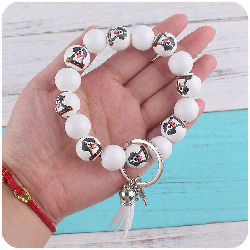 Wooden Dog Silicone Bead Tassel Wristlet Keychain Pomeranian Husky Beagle Bulldog 4