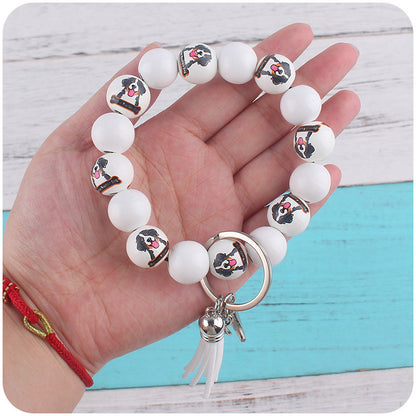 Wooden Dog Silicone Bead Tassel Wristlet Keychain Pomeranian Husky Beagle Bulldog 4