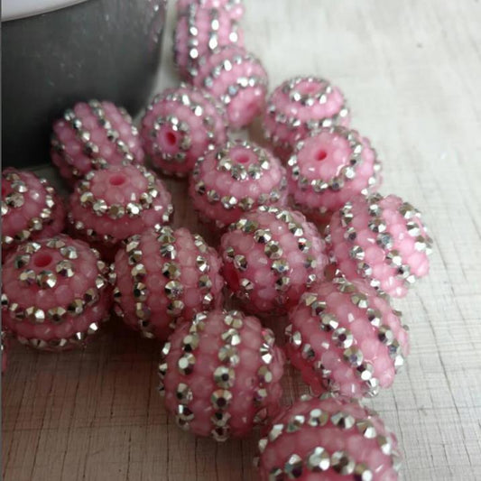 Rhinestone Bubblegum Beads 16-22mm Pink Silver Striped Resin 5pcs 2