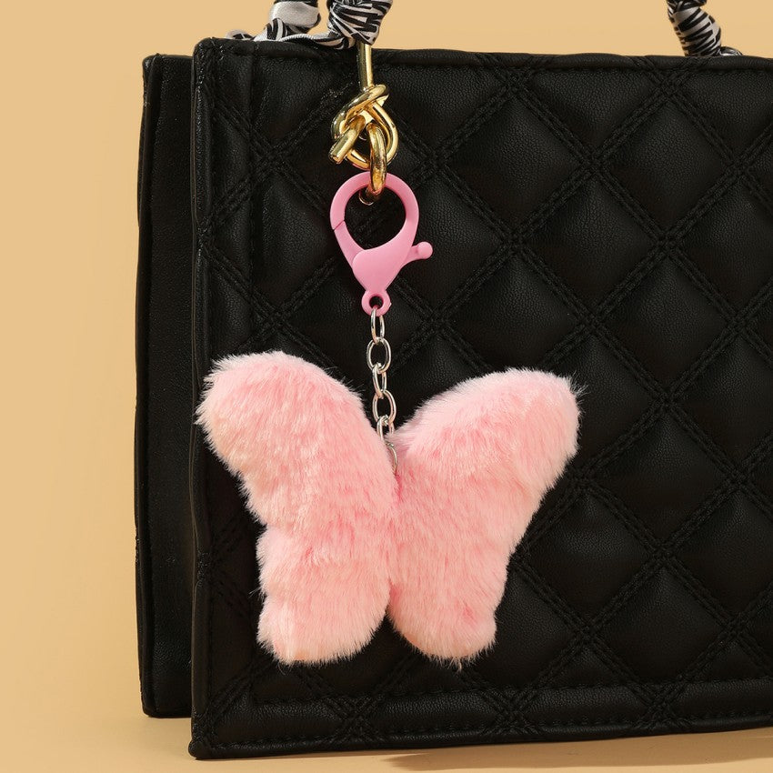 Plush Butterfly Keychain Soft Pink Fluffy Pom Pom Charm 2