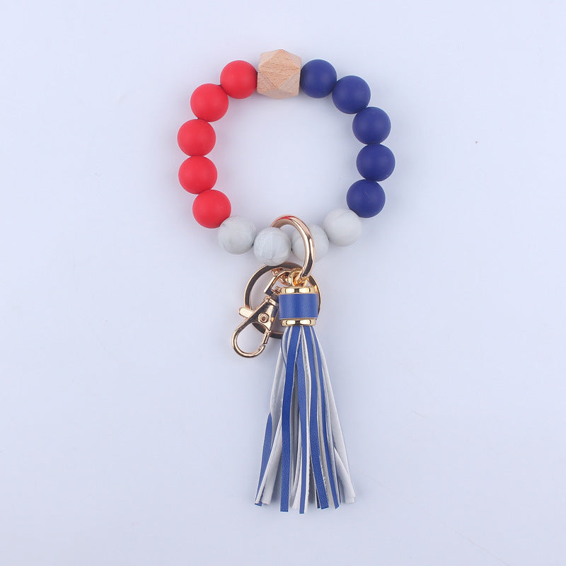 PU Leather Tassel Silicone Bead Wristlet Keychain Colorful Animal Print 17