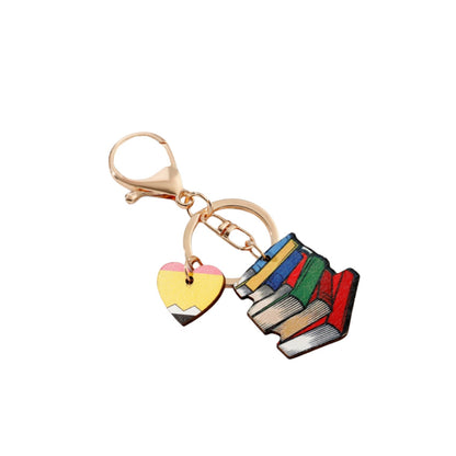 Wood Teacher Keychain Set Rainbow Apple Pencil Bouquet 2pcs 5