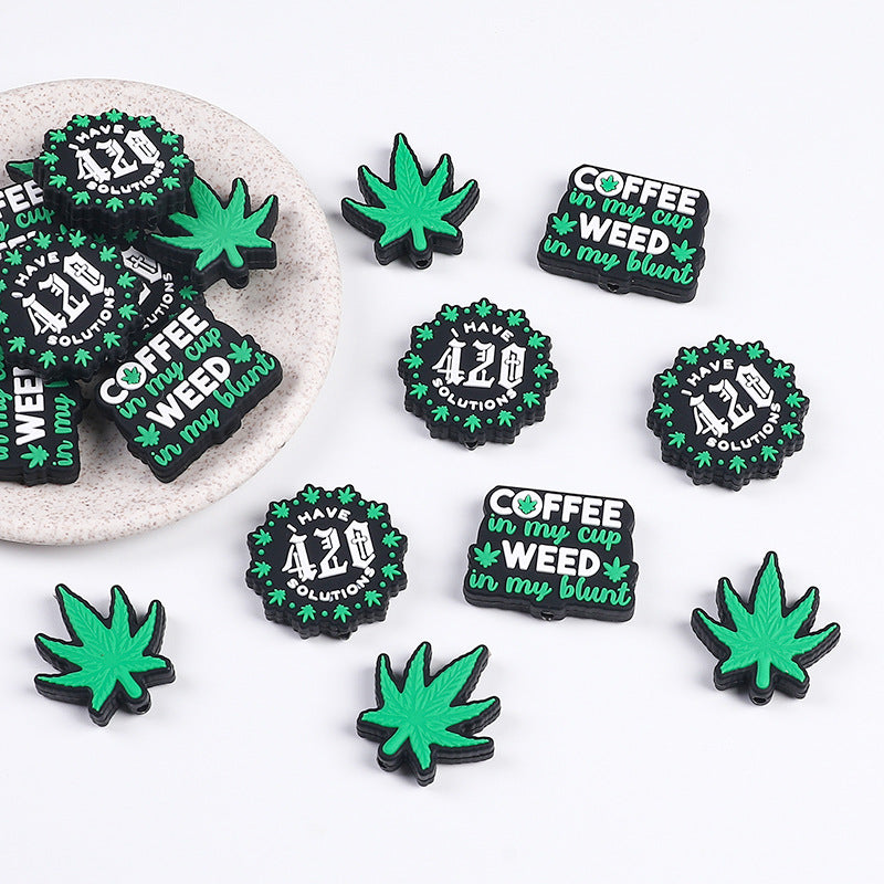 Silicone Focal Beads Green Leaves Bold Text Coffee 420 Design 20pcs