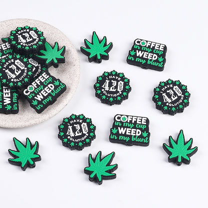 Silicone Focal Beads Green Leaves Bold Text Coffee 420 Design 20pcs