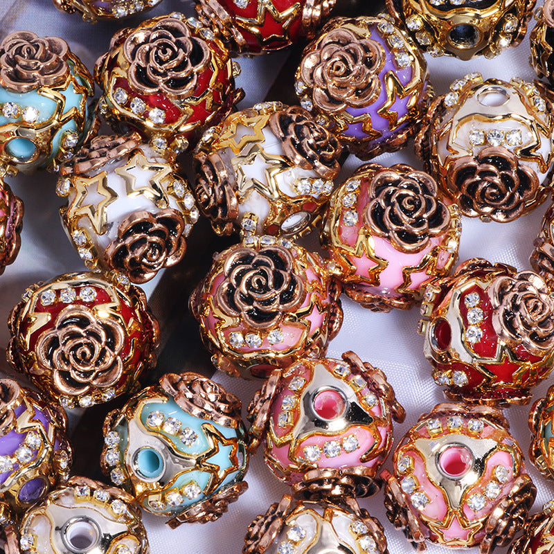 Embellished Bubblegum Beads 19mm Antique Gilded Rose Rhinestone 5pcs 6