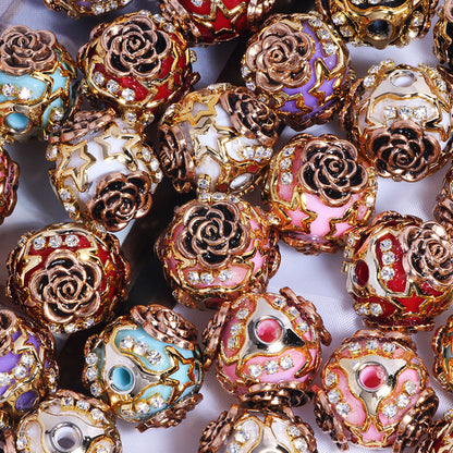Embellished Bubblegum Beads 19mm Antique Gilded Rose Rhinestone 5pcs 6