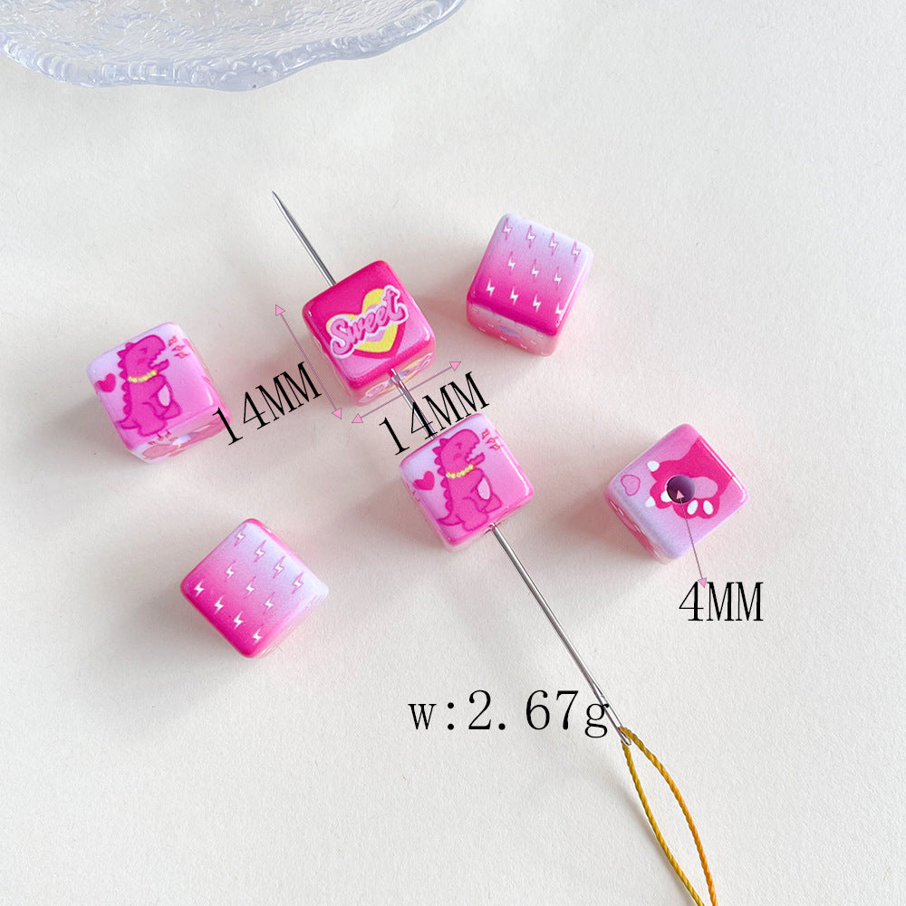 Printed Square Acrylic Beads 14-15mm Dinosaur Cat Graffiti 50pcs 6