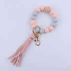 Silicone Beaded Wristlet Keychain with Leather Tassel and Octagonal Wood Accent 6