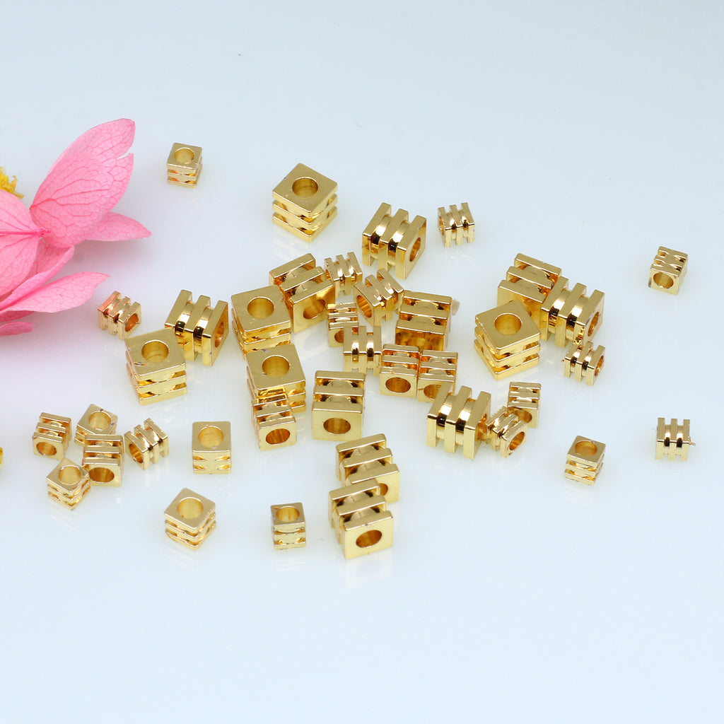Brass Square Metal Beads 2.5/3/4mm Three Layer Polished Gold Tone 50pcs 3