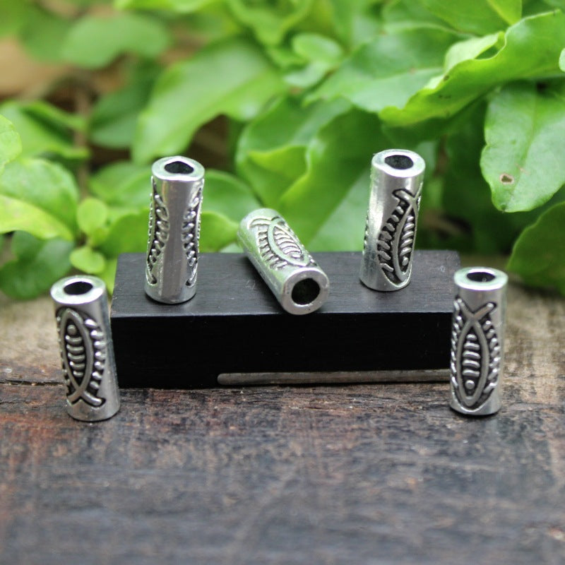Tube Metal Beads 13x4mm Tibetan Fish Patterned Silver Tone 100pcs 3
