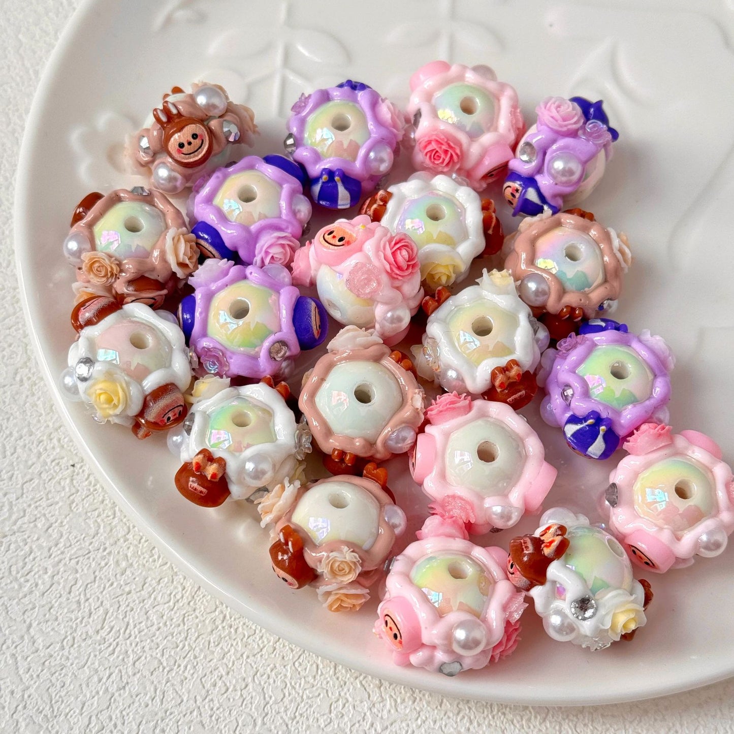 Hand Painted Floral Labub Acrylic Beads 16mm 10pcs 4