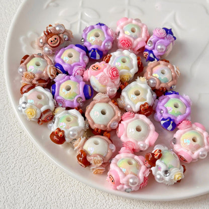 Hand Painted Floral Labub Acrylic Beads 16mm 10pcs 4