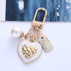 Metal Alloy Heart Keychain Enamel Finish Woven Gold Tone Pearl Detail 4