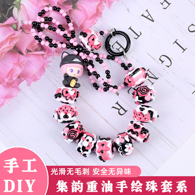 Hand Painted Acrylic Beads 16mm Black Pink Tone 10pcs 2