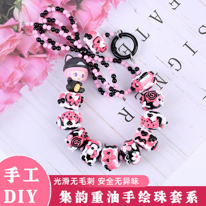 Hand Painted Acrylic Beads 16mm Black Pink Tone 10pcs 2